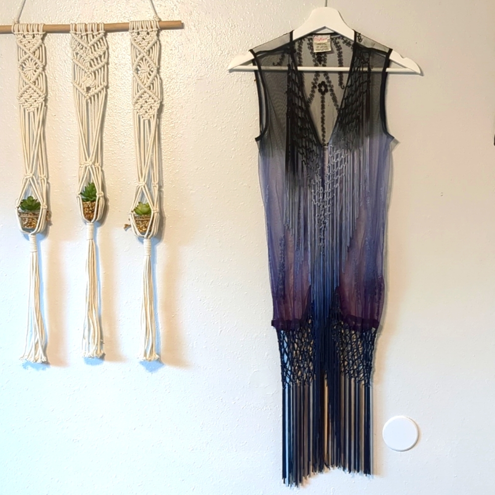 Free People Ombre Sheer Fringe Vest in Black to Purple